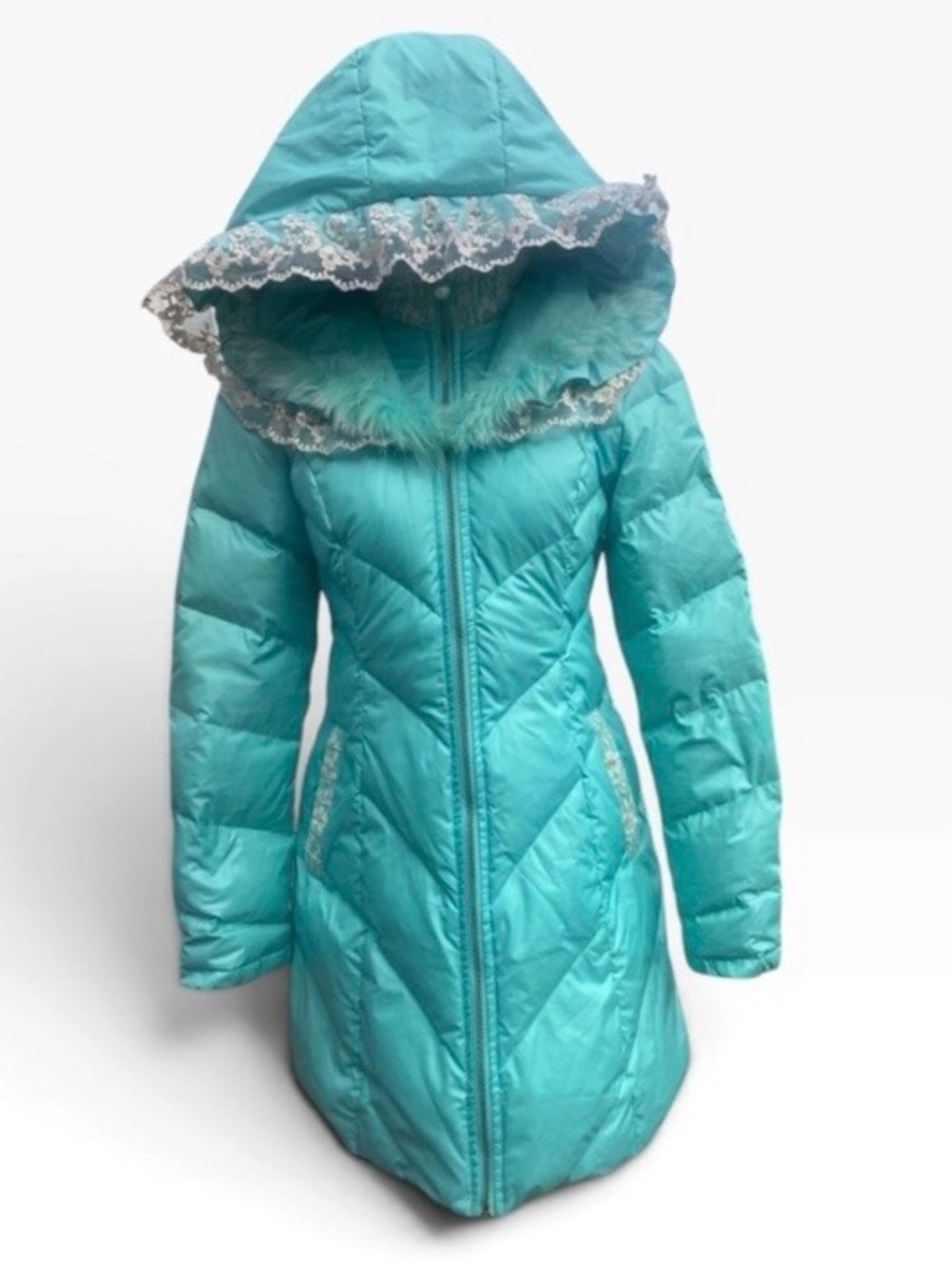 A.Yilian Womens L Aqua Puffer Coat Lace Fur Trim Hood Long Lolita Kawaii
